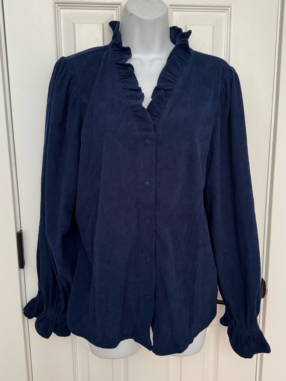 Umgee Navy Ruffled Corduroy Button-Down Blouse